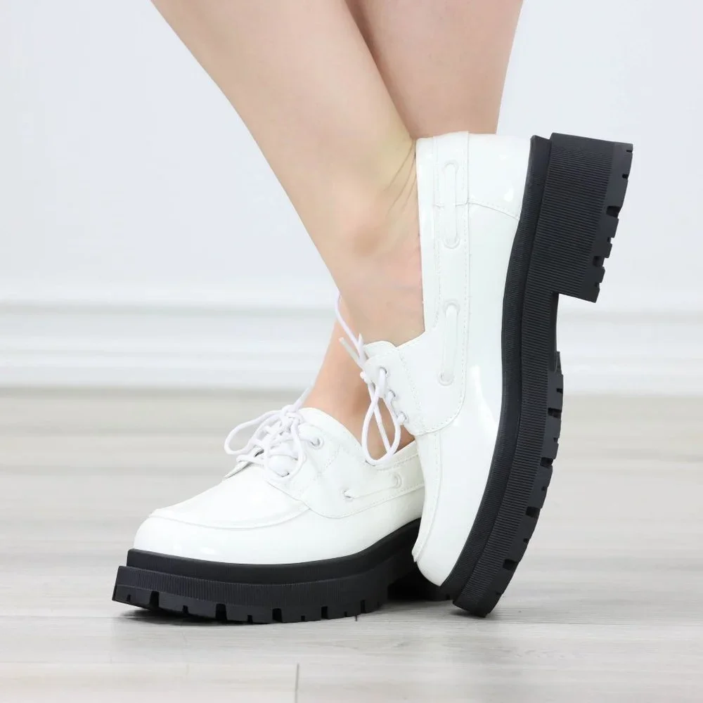 Womens Chunky Penny Loafer Lug Sole Slip On Platform White Patent Lace Up - Picture 4 of 15